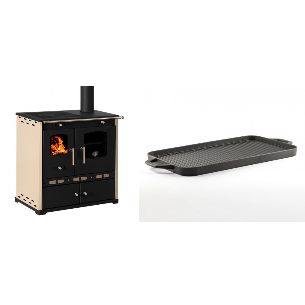 Set Küchenofen / Küchenhexe Prometey Perfect Eco Lux mit rechtem Abzug, Elfenbein, 7.1kW + Große Grillplatte aus Gusseisen Solagio, 25x44cm