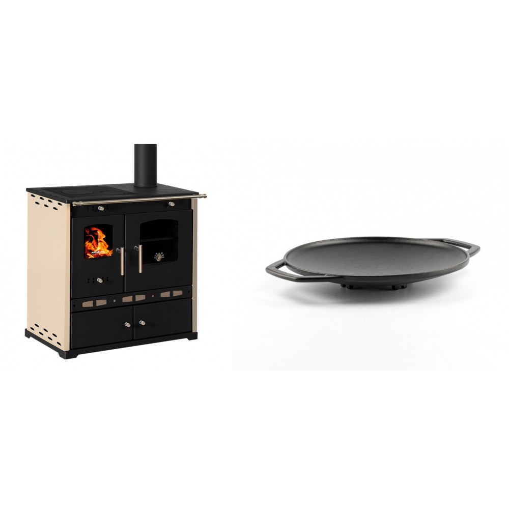 Set Küchenofen / Küchenhexe Prometey Perfect Eco Lux mit rechtem Abzug, Elfenbein, 7.1kW + Backplatte aus Gusseisen Solagio, Ф28cm | Kaminofen - Holzofen mit Backfach | Kaminofen |