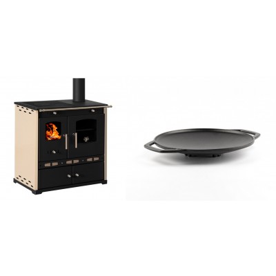 Set Küchenofen / Küchenhexe Prometey Perfect Eco Lux mit rechtem Abzug, Elfenbein, 7.1kW + Backplatte aus Gusseisen Solagio, Ф28cm - Prometey