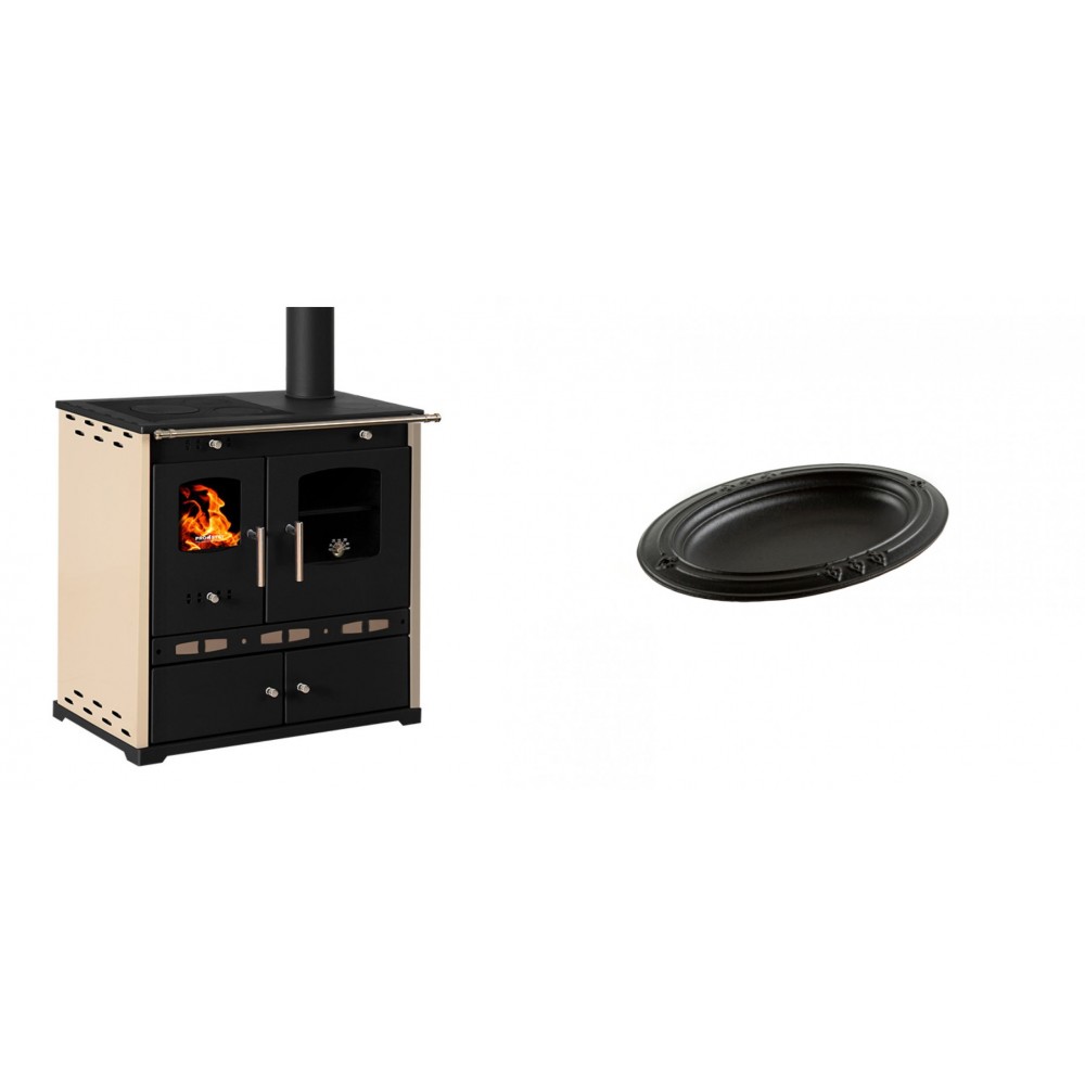 Set Küchenofen / Küchenhexe Prometey Perfect Eco Lux mit rechtem Abzug, Elfenbein, 7.1kW + Gusseiserne auflaufform Solagio oval, 17x28cm | Kaminofen - Holzofen mit Backfach | Kaminofen |
