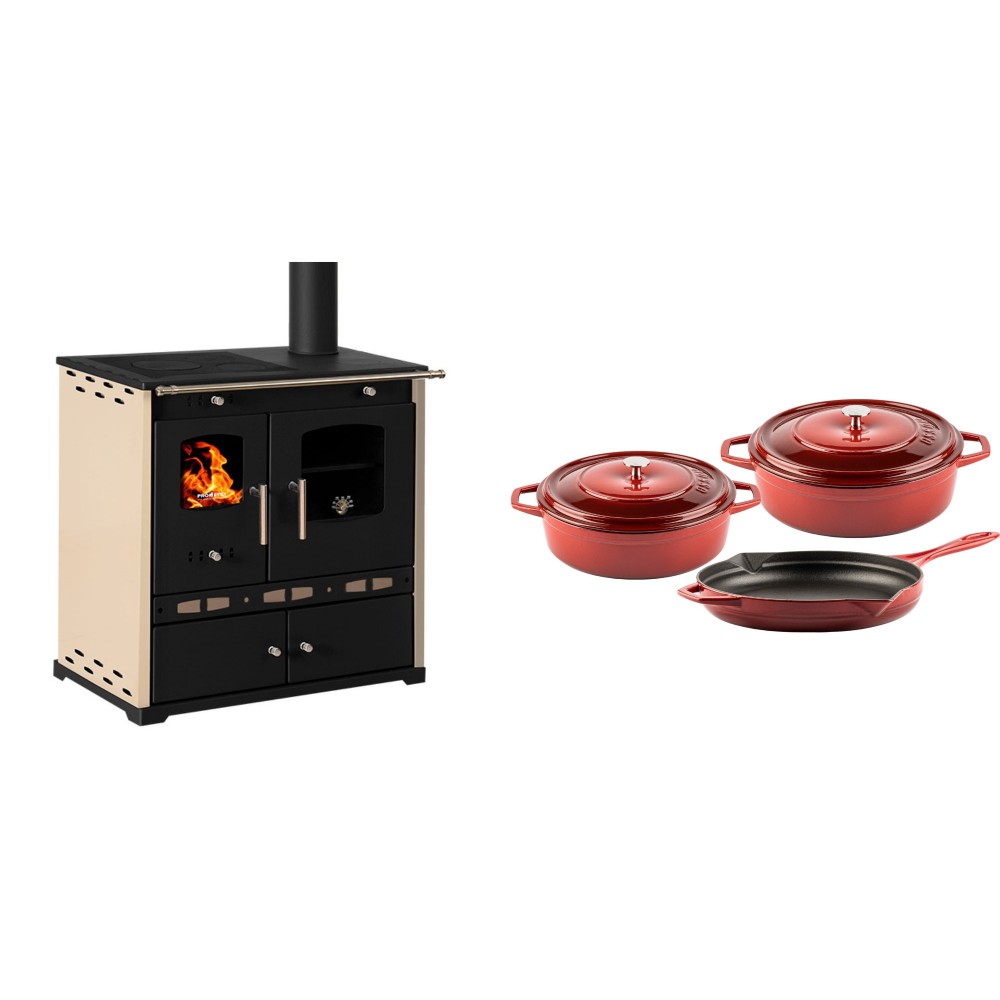 Set Küchenofen / Küchenhexe Prometey Perfect Eco Lux mit rechtem Abzug, Elfenbein, 7.1kW + Gusseisen Topf Set aus 3 teilen Solagio, Rubin