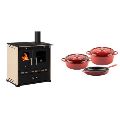 Set Küchenofen / Küchenhexe Prometey Perfect Eco Lux mit rechtem Abzug, Elfenbein, 7.1kW + Gusseisen Topf Set aus 3 teilen Solagio, Rubin - Prometey