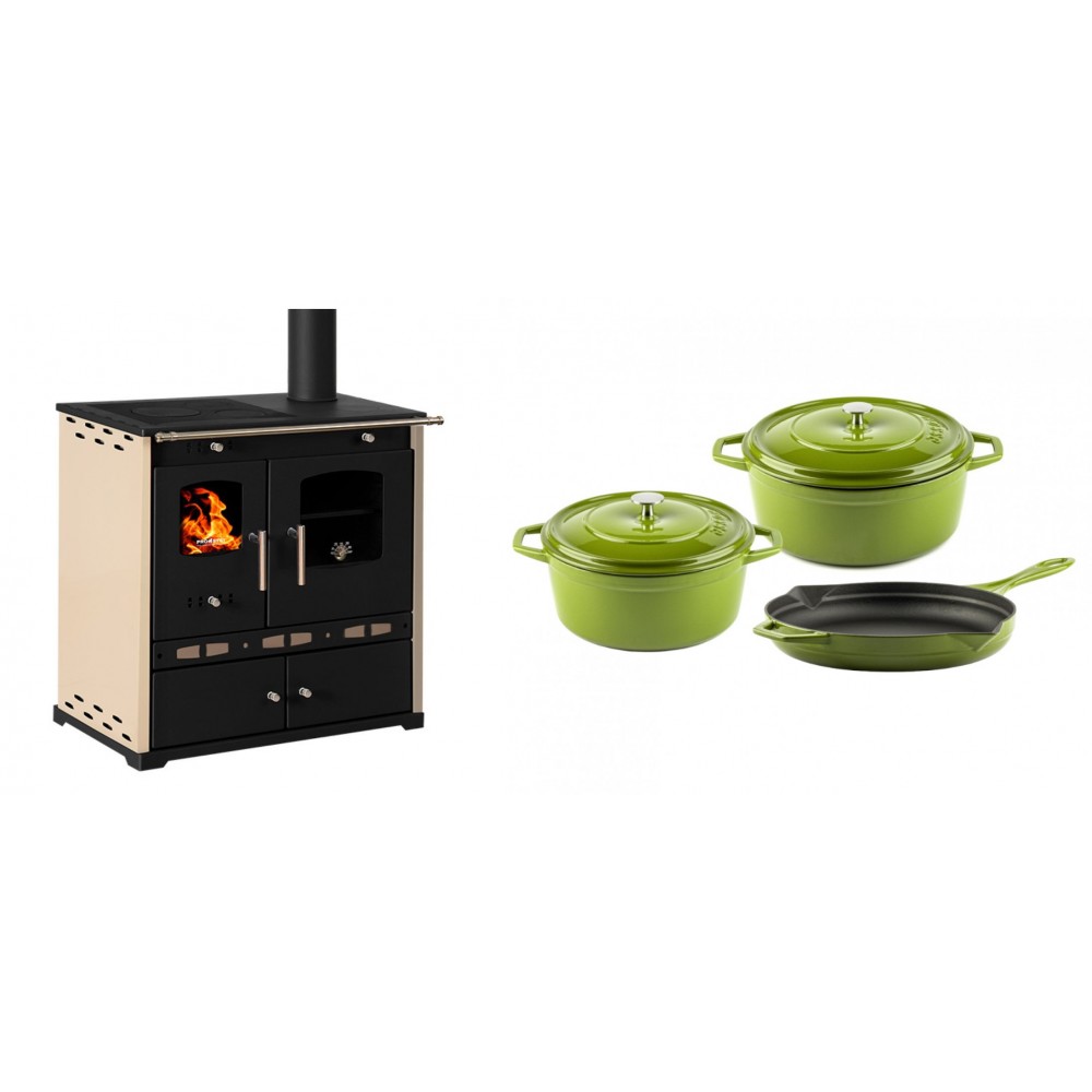Set Küchenofen / Küchenhexe Prometey Perfect Eco Lux mit rechtem Abzug, Elfenbein, 7.1kW + Gusseisen Topf Set aus 3 teilen Solagio, Bamboo | Kaminofen - Holzofen mit Backfach | Kaminofen |