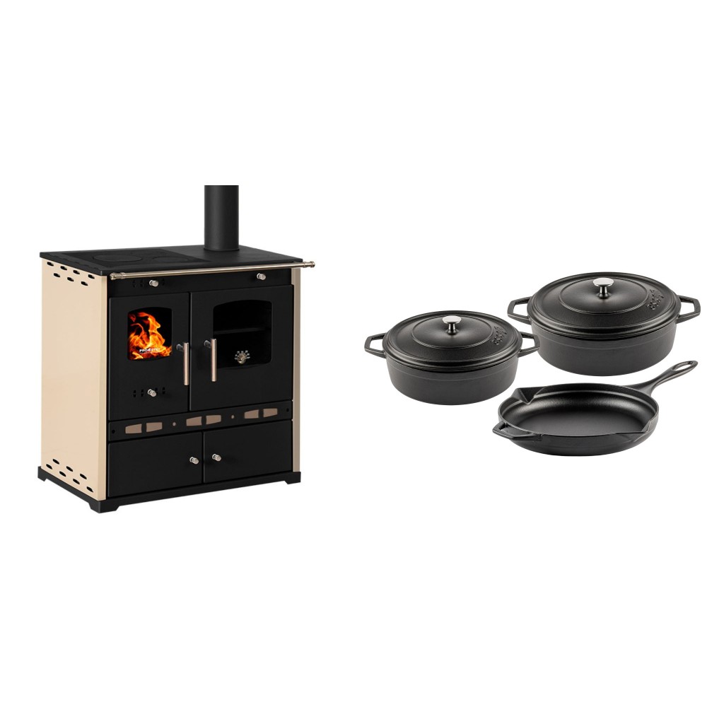 Set Küchenofen / Küchenhexe Prometey Perfect Eco Lux mit rechtem Abzug, Elfenbein, 7.1kW + Gusseisen Topf Set aus 3 teilen Solagio, Black Onyx