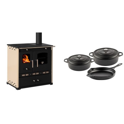 Set Küchenofen / Küchenhexe Prometey Perfect Eco Lux mit rechtem Abzug, Elfenbein, 7.1kW + Gusseisen Topf Set aus 3 teilen Solagio, Black Onyx - Prometey