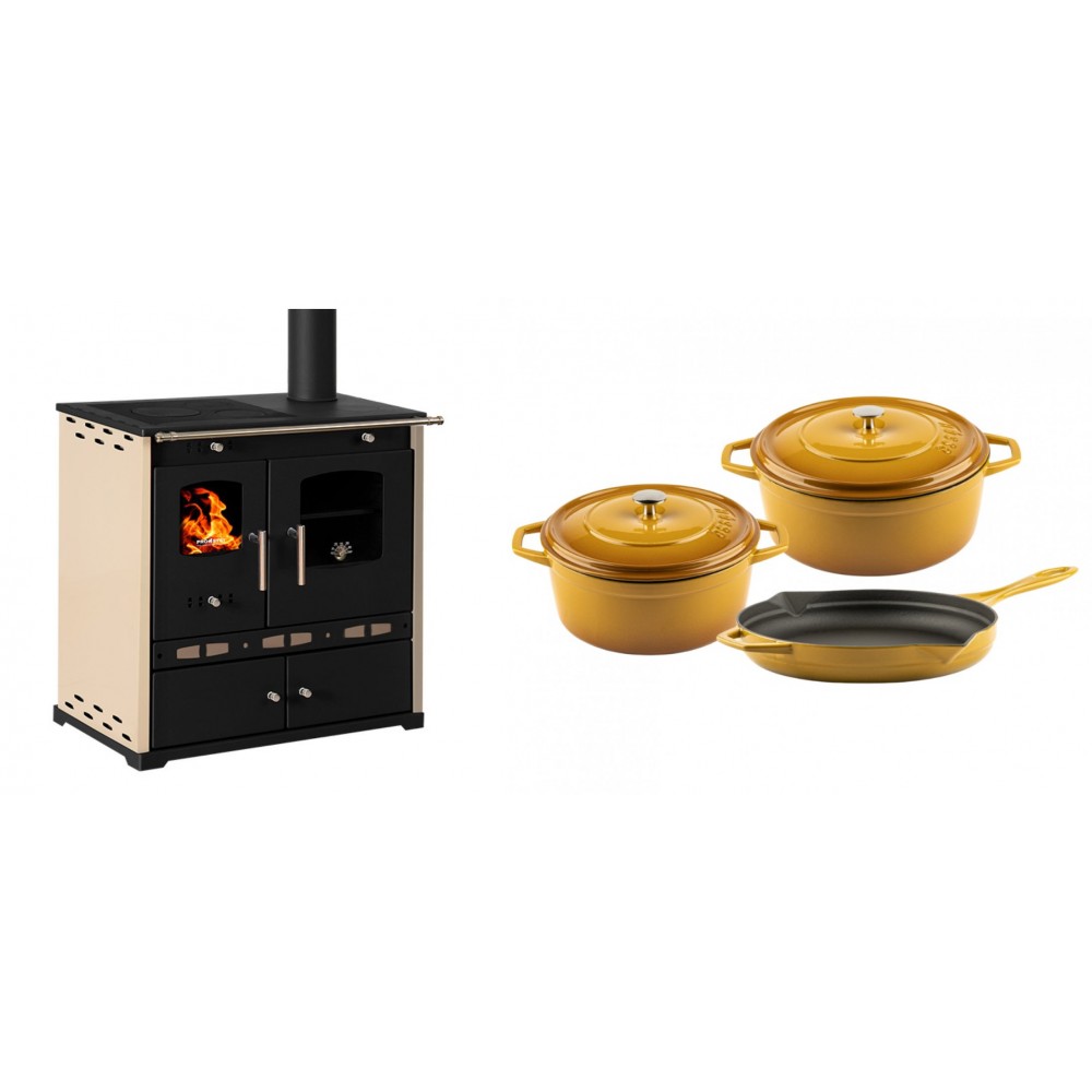 Set Küchenofen / Küchenhexe Prometey Perfect Eco Lux mit rechtem Abzug, Elfenbein, 7.1kW + Gusseisen Topf Set aus 3 teilen Solagio, Dijon