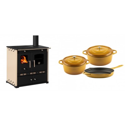 Set Küchenofen / Küchenhexe Prometey Perfect Eco Lux mit rechtem Abzug, Elfenbein, 7.1kW + Gusseisen Topf Set aus 3 teilen Solagio, Dijon - Prometey