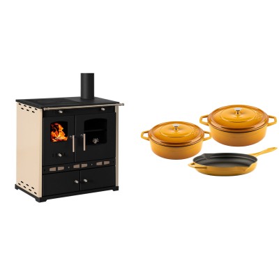 Set Küchenofen / Küchenhexe Prometey Perfect Eco Lux mit rechtem Abzug, Elfenbein, 7.1kW + Gusseisen Topf Set aus 3 teilen Solagio, Dijon - Prometey