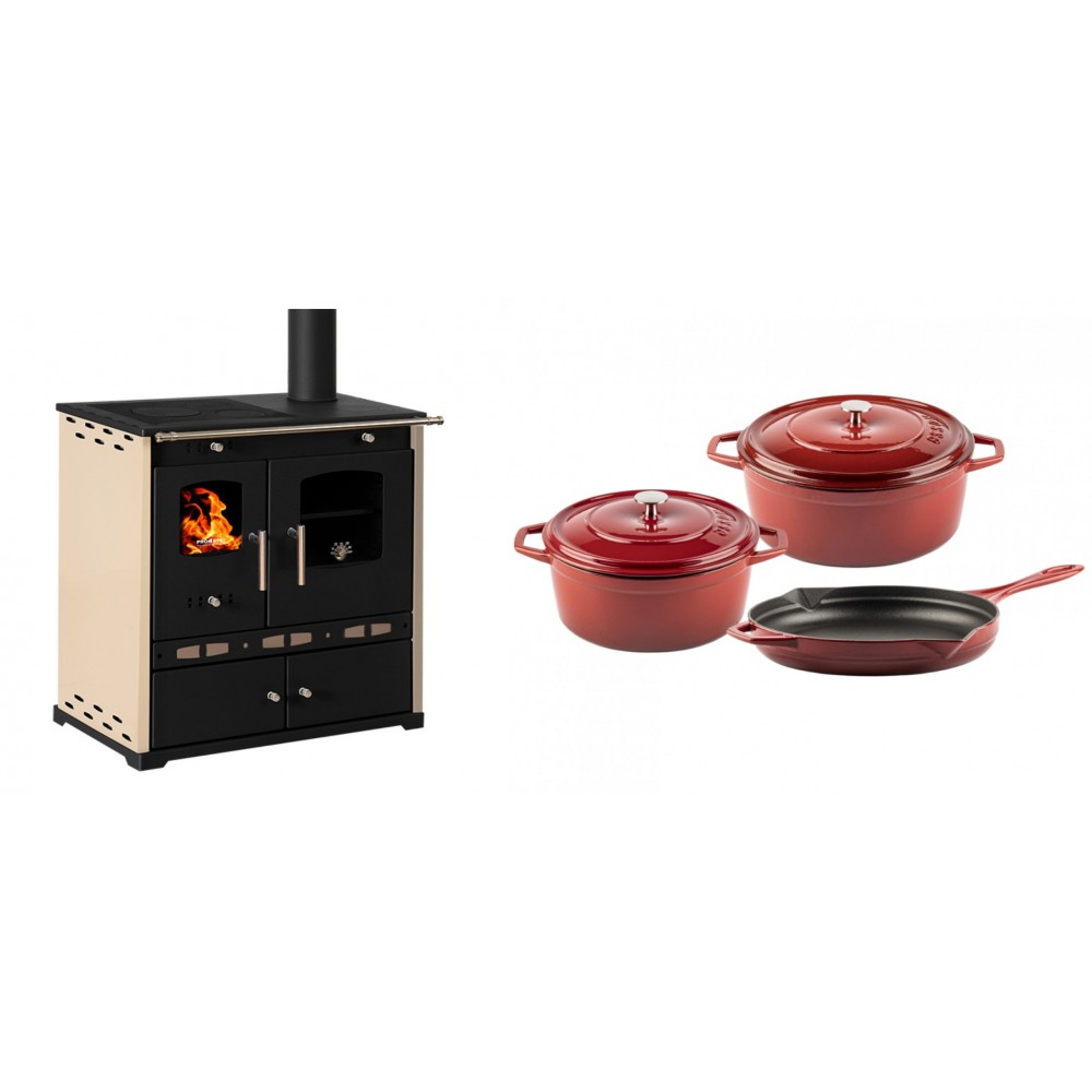Set Küchenofen / Küchenhexe Prometey Perfect Eco Lux mit rechtem Abzug, Elfenbein, 7.1kW + Gusseisen Topf Set aus 3 teilen Solagio, Rubin | Kaminofen - Holzofen mit Backfach | Kaminofen |