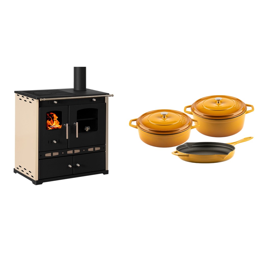 Set Küchenofen / Küchenhexe Prometey Perfect Eco Lux mit rechtem Abzug, Elfenbein, 7.1kW + Gusseisen Topf Set aus 3 teilen Solagio, Dijon | Kaminofen - Holzofen mit Backfach | Kaminofen |