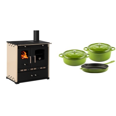 Set Küchenofen / Küchenhexe Prometey Perfect Eco Lux mit rechtem Abzug, Elfenbein, 7.1kW + Gusseisen Topf Set aus 3 teilen Solagio, Bamboo - Prometey