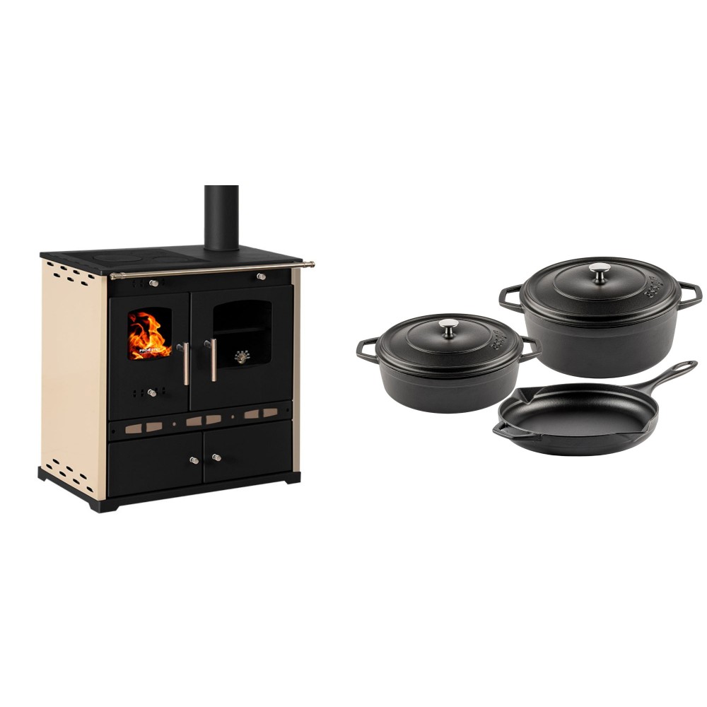 Set Küchenofen / Küchenhexe Prometey Perfect Eco Lux mit rechtem Abzug, Elfenbein, 7.1kW + Gusseisen Topf Set aus 3 teilen Solagio, Black Onyx | Kaminofen - Holzofen mit Backfach | Kaminofen |
