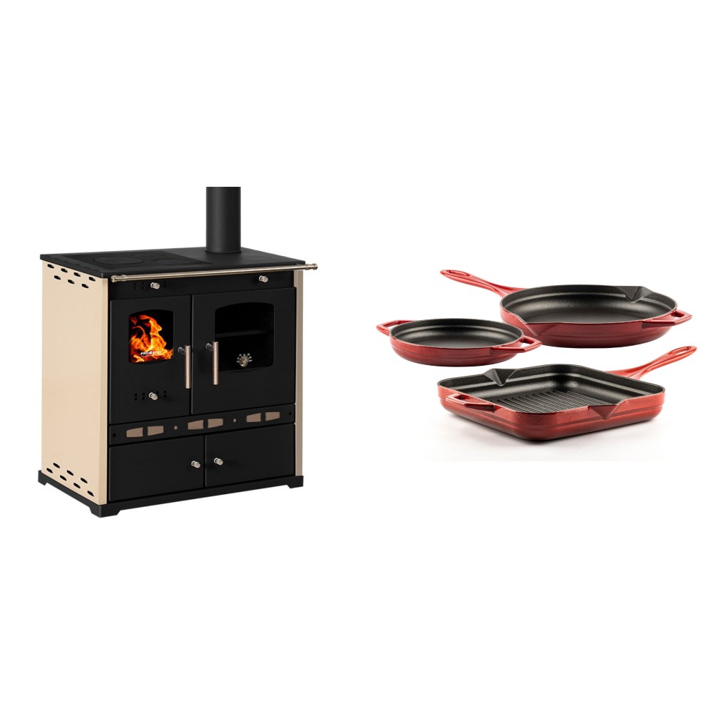 Set Küchenofen / Küchenhexe Prometey Perfect Eco Lux mit rechtem Abzug, Elfenbein, 7.1kW + Gusseisen Topf Set aus 3 teilen Solagio, Rubin