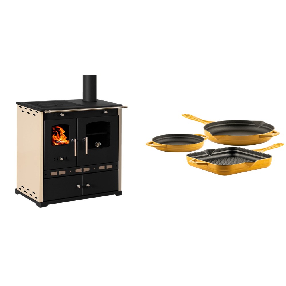 Set Küchenofen / Küchenhexe Prometey Perfect Eco Lux mit rechtem Abzug, Elfenbein, 7.1kW + Gusseisen Topf Set aus 3 teilen Solagio, Dijon