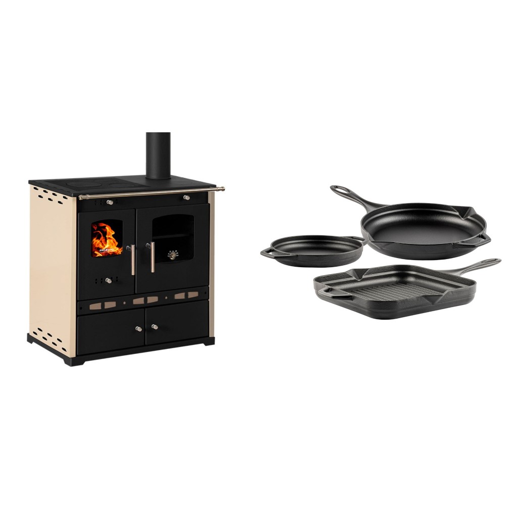 Set Küchenofen / Küchenhexe Prometey Perfect Eco Lux mit rechtem Abzug, Elfenbein, 7.1kW + Gusseisen Topf Set aus 3 teilen Solagio, Black Onyx