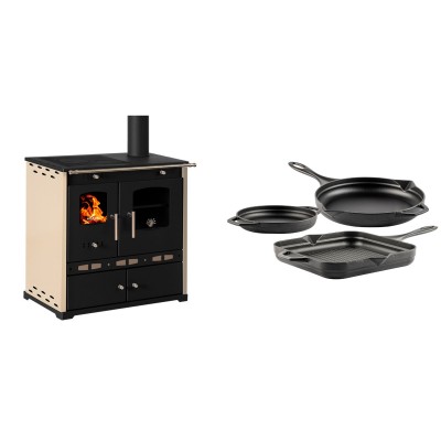 Set Küchenofen / Küchenhexe Prometey Perfect Eco Lux mit rechtem Abzug, Elfenbein, 7.1kW + Gusseisen Topf Set aus 3 teilen Solagio, Black Onyx - Prometey