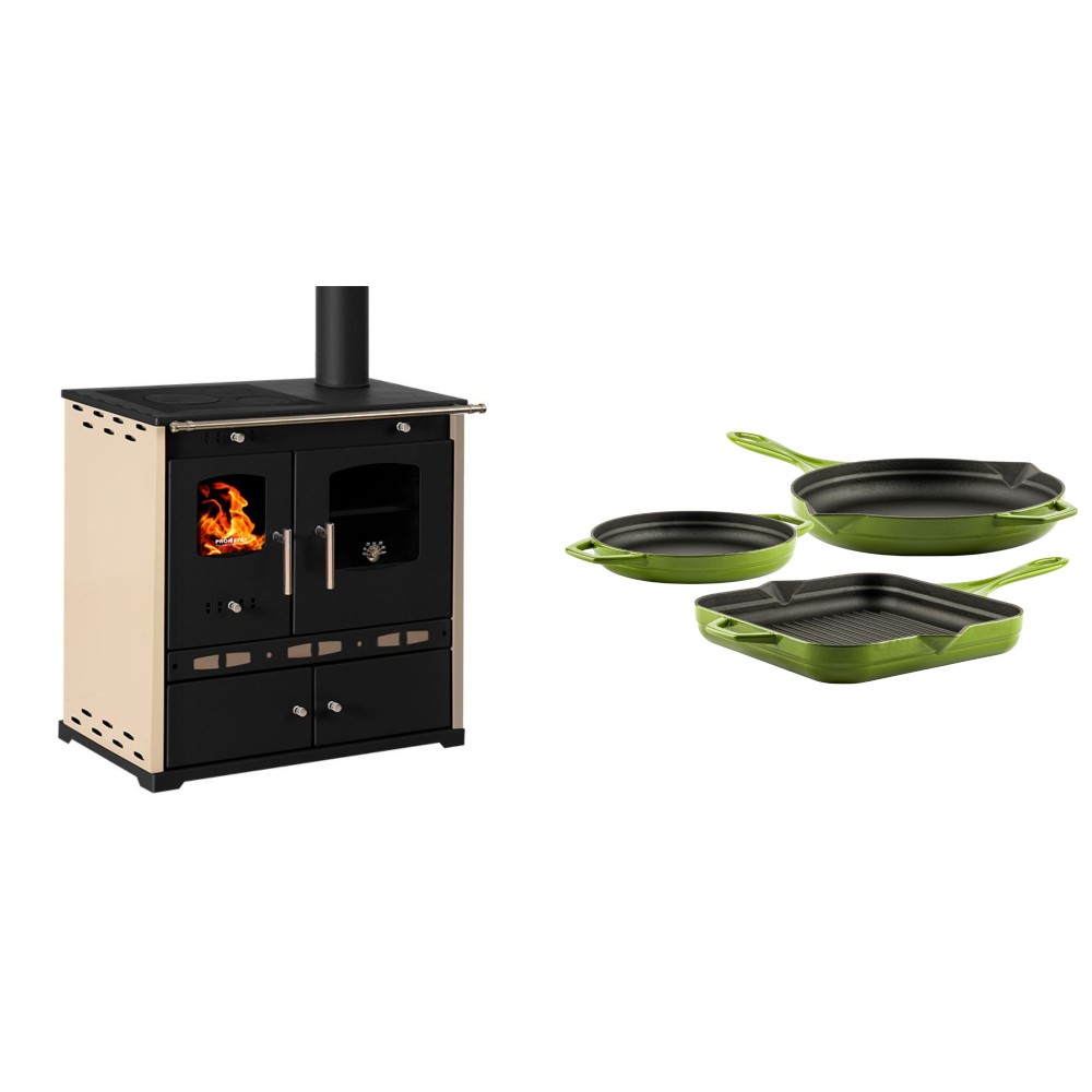 Set Küchenofen / Küchenhexe Prometey Perfect Eco Lux mit rechtem Abzug, Elfenbein, 7.1kW + Gusseisen Topf Set aus 3 teilen Solagio, Bamboo | Kaminofen - Holzofen mit Backfach | Kaminofen |