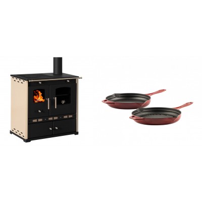 Set Küchenofen / Küchenhexe Prometey Perfect Eco Lux mit rechtem Abzug, Elfenbein, 7.1kW + Gusseisen Topf Set aus 2 teilen Solagio, Rubin - Prometey