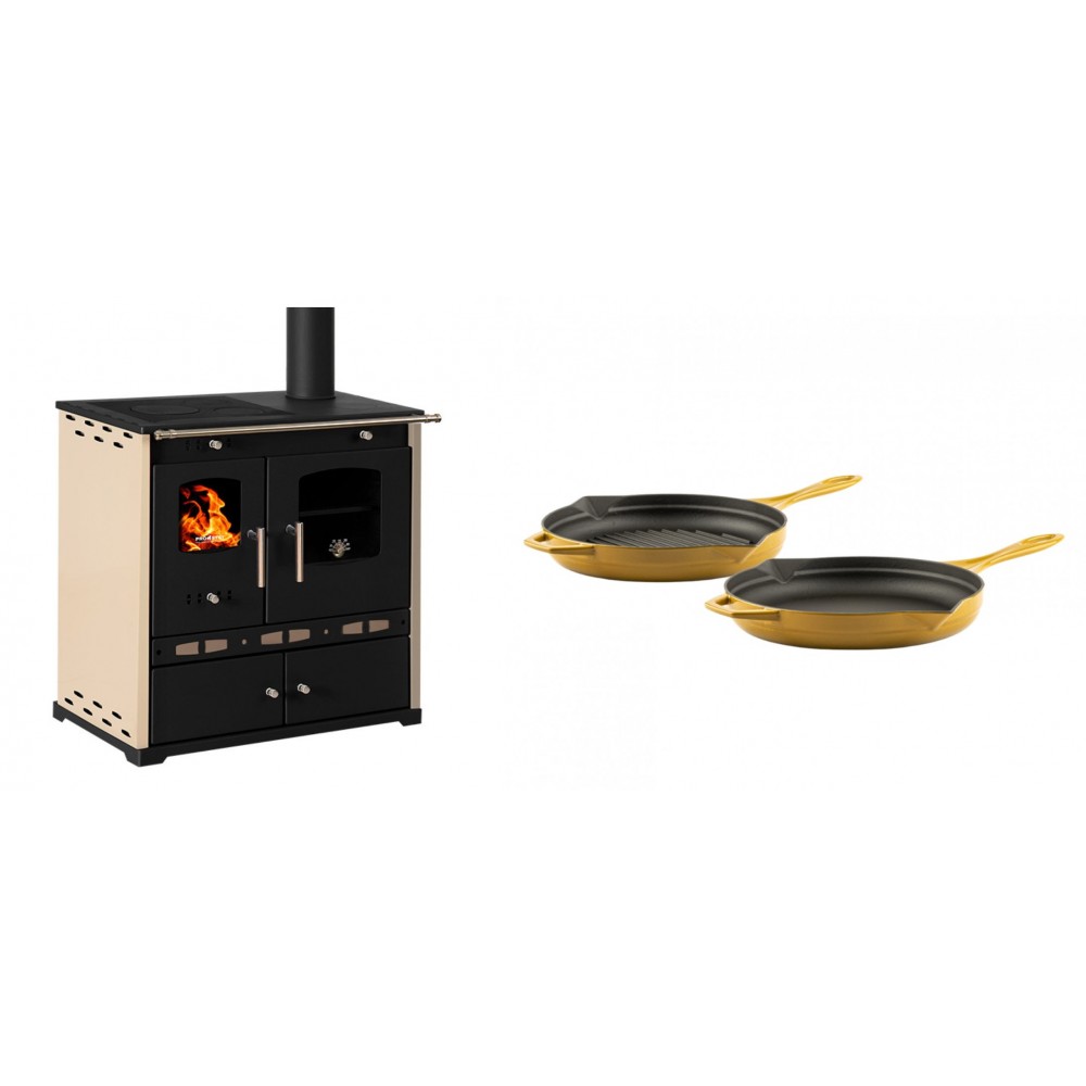 Set Küchenofen / Küchenhexe Prometey Perfect Eco Lux mit rechtem Abzug, Elfenbein, 7.1kW + Gusseisen Topf Set aus 2 teilen Solagio, Dijon