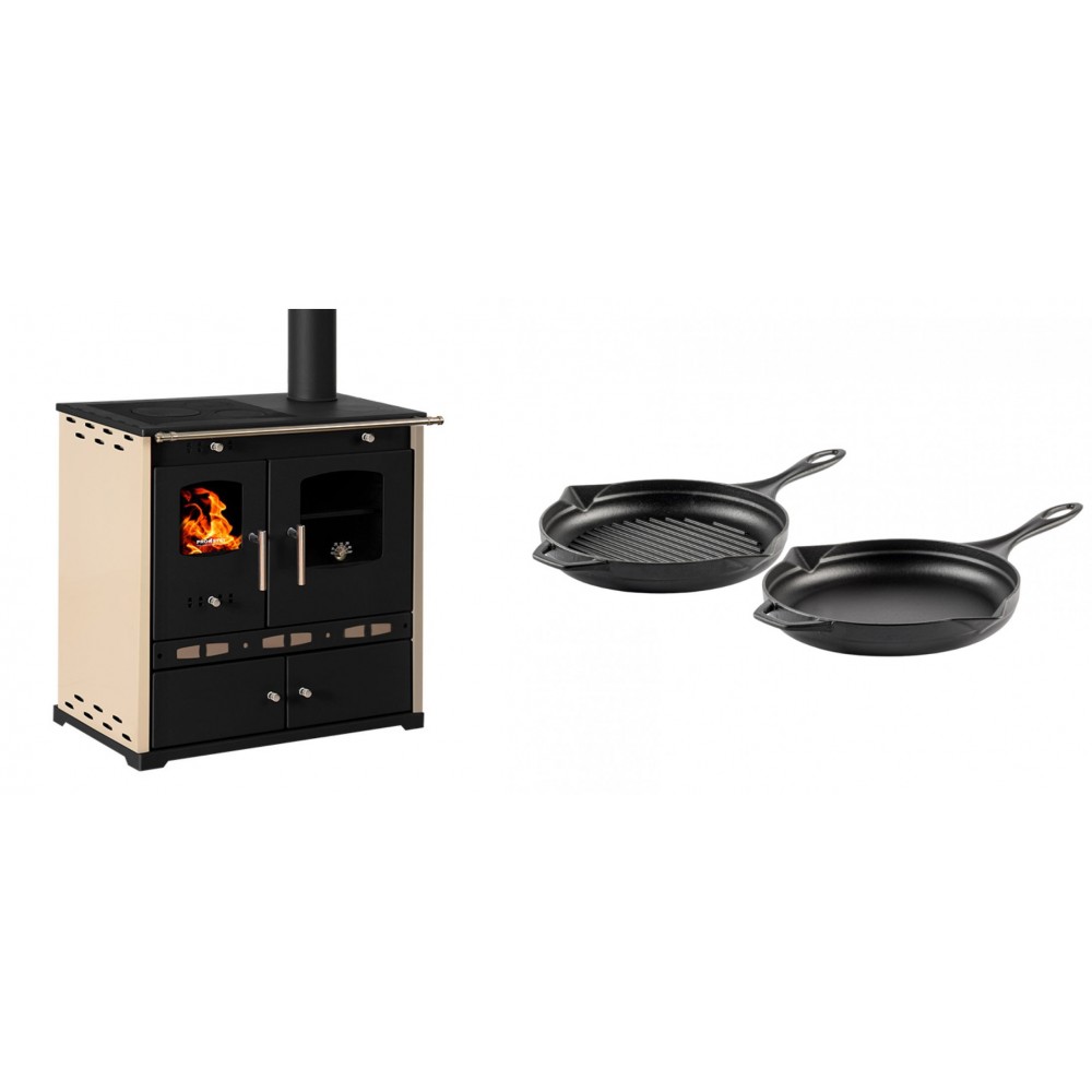 Set Küchenofen / Küchenhexe Prometey Perfect Eco Lux mit rechtem Abzug, Elfenbein, 7.1kW + Gusseisen Topf Set aus 2 teilen Solagio, Black Onyx | Kaminofen - Holzofen mit Backfach | Kaminofen |
