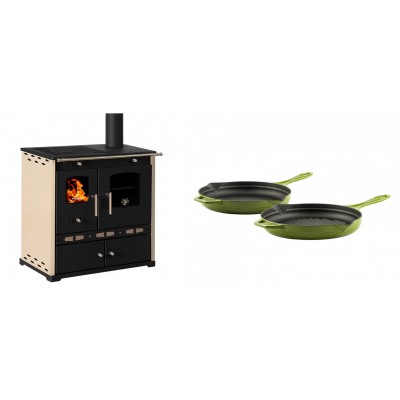 Set Küchenofen / Küchenhexe Prometey Perfect Eco Lux mit rechtem Abzug, Elfenbein, 7.1kW + Gusseisen Topf Set aus 2 teilen Solagio, Bamboo - Prometey