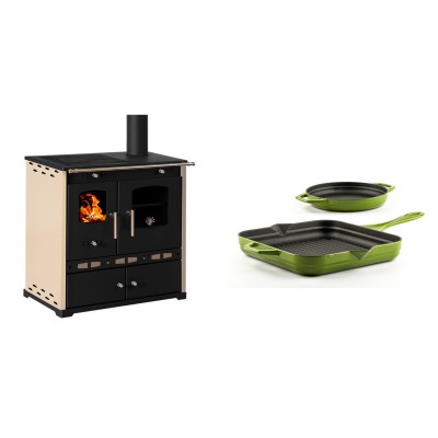 Set Küchenofen / Küchenhexe Prometey Perfect Eco Lux mit rechtem Abzug, Elfenbein, 7.1kW + Gusseisen Topf Set aus 2 teilen Solagio, Bamboo - Prometey