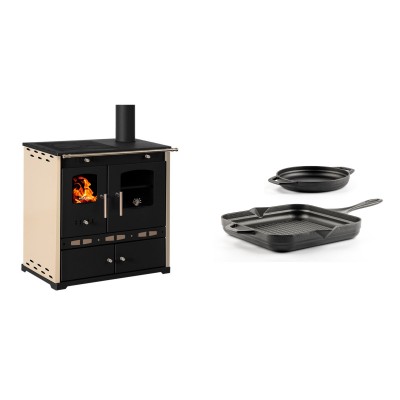 Set Küchenofen / Küchenhexe Prometey Perfect Eco Lux mit rechtem Abzug, Elfenbein, 7.1kW + Gusseisen Topf Set aus 2 teilen Solagio, Black Onyx - Prometey