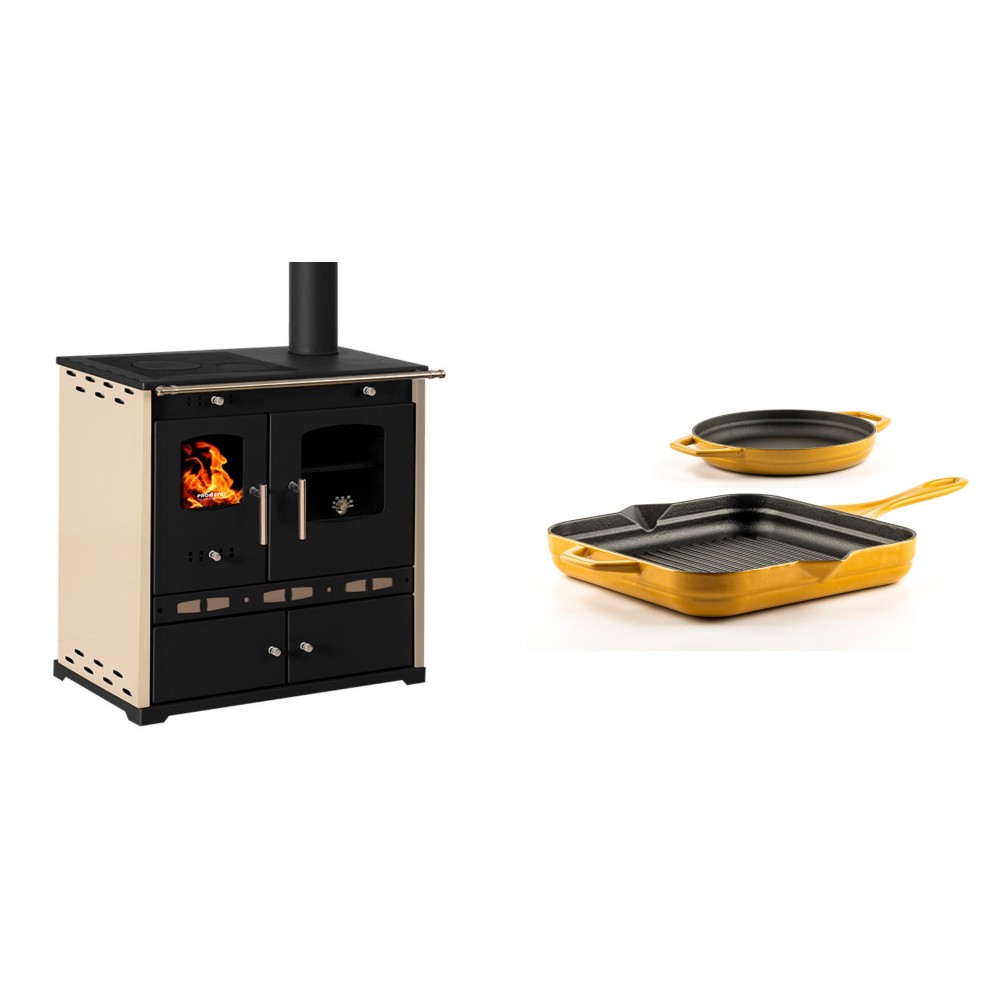 Set Küchenofen / Küchenhexe Prometey Perfect Eco Lux mit rechtem Abzug, Elfenbein, 7.1kW + Gusseisen Topf Set aus 2 teilen Solagio, Dijon