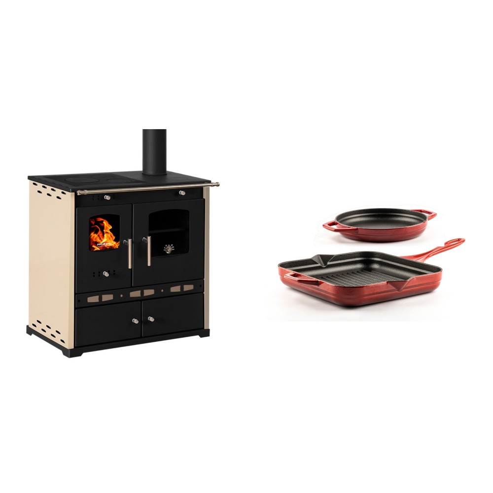 Set Küchenofen / Küchenhexe Prometey Perfect Eco Lux mit rechtem Abzug, Elfenbein, 7.1kW + Gusseisen Topf Set aus 2 teilen Solagio, Rubin | Kaminofen - Holzofen mit Backfach | Kaminofen |