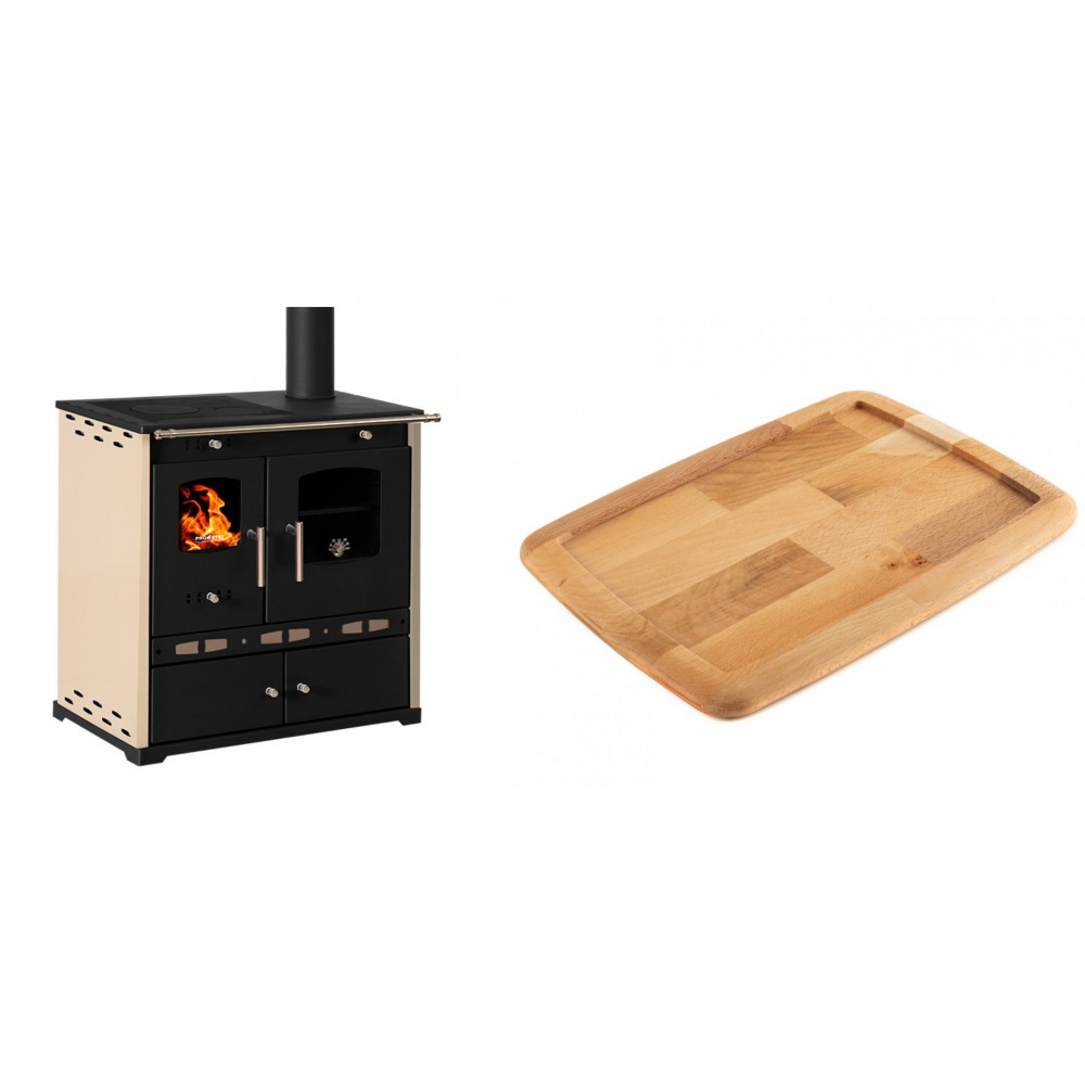 Set Küchenofen / Küchenhexe Prometey Perfect Eco Lux mit rechtem Abzug, Elfenbein, 7.1kW + Holz untersetzer für gusseisenplatte Solagio HSST2131