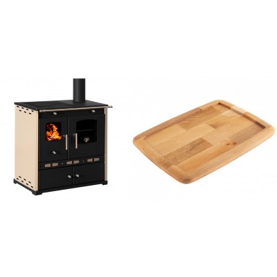 Set Küchenofen / Küchenhexe Prometey Perfect Eco Lux mit rechtem Abzug, Elfenbein, 7.1kW + Holz untersetzer für gusseisenplatte Solagio HSST2131 - Prometey
