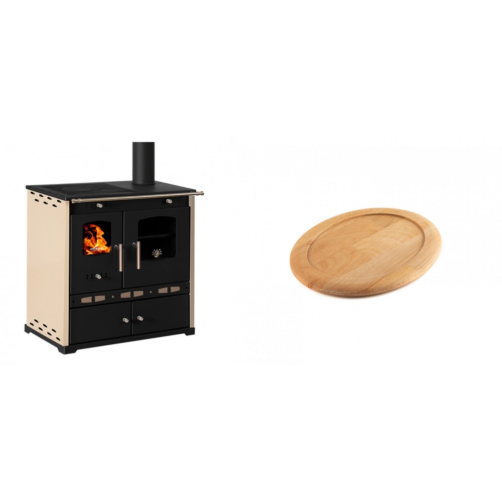 Set Küchenofen / Küchenhexe Prometey Perfect Eco Lux mit rechtem Abzug, Elfenbein, 7.1kW + Holz untersetzer für ovale gusseisenpfanne Solagio HSFT1825 | Kaminofen - Holzofen mit Backfach | Kaminofen |