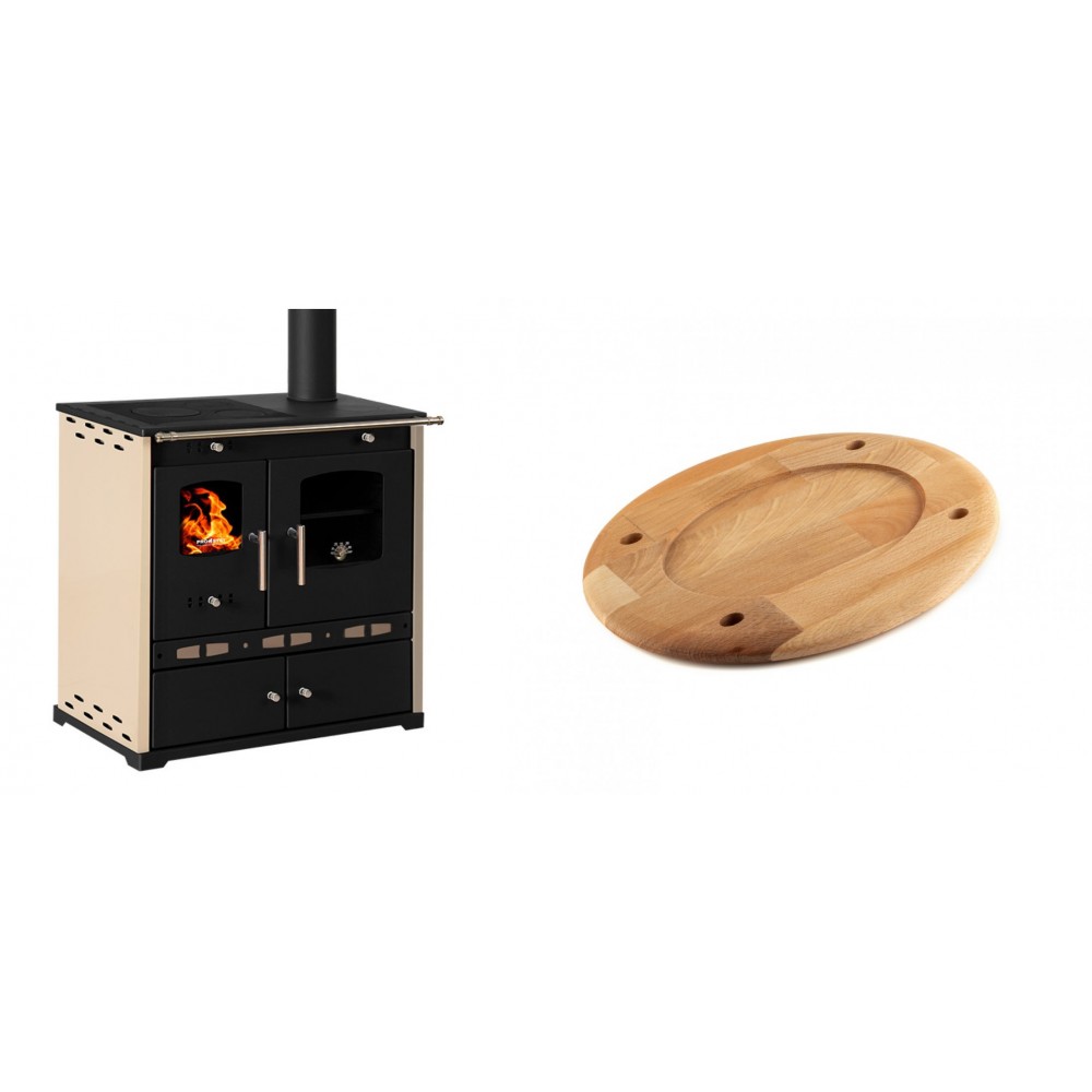 Set Küchenofen / Küchenhexe Prometey Perfect Eco Lux mit rechtem Abzug, Elfenbein, 7.1kW + Holz untersetzer für ovale platte Solagio HSOISK2533, 25x33cm