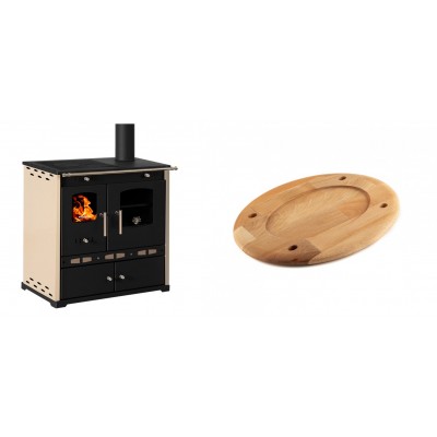 Set Küchenofen / Küchenhexe Prometey Perfect Eco Lux mit rechtem Abzug, Elfenbein, 7.1kW + Holz untersetzer für ovale platte Solagio HSOISK2533, 25x33cm - Prometey