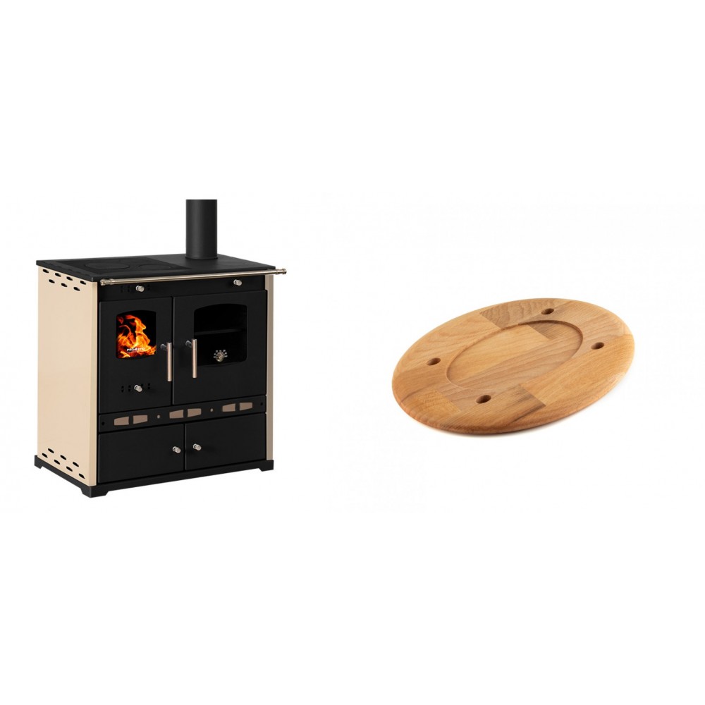 Set Küchenofen / Küchenhexe Prometey Perfect Eco Lux mit rechtem Abzug, Elfenbein, 7.1kW + Holz untersetzer für ovale platte Solagio HSOISK1728, 17x28cm | Kaminofen - Holzofen mit Backfach | Kaminofen |