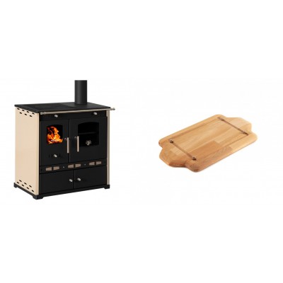 Set Küchenofen / Küchenhexe Prometey Perfect Eco Lux mit rechtem Abzug, Elfenbein, 7.1kW + Holz untersetzer für mini-gusseisenplatte Solagio HSDDHP1522 - Prometey