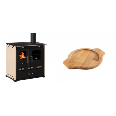 Set Küchenofen / Küchenhexe Prometey Perfect Eco Lux mit rechtem Abzug, Elfenbein, 7.1kW + Holz untersetzer für gusseisenschüssel Solagio HSYKTV22 - Prometey