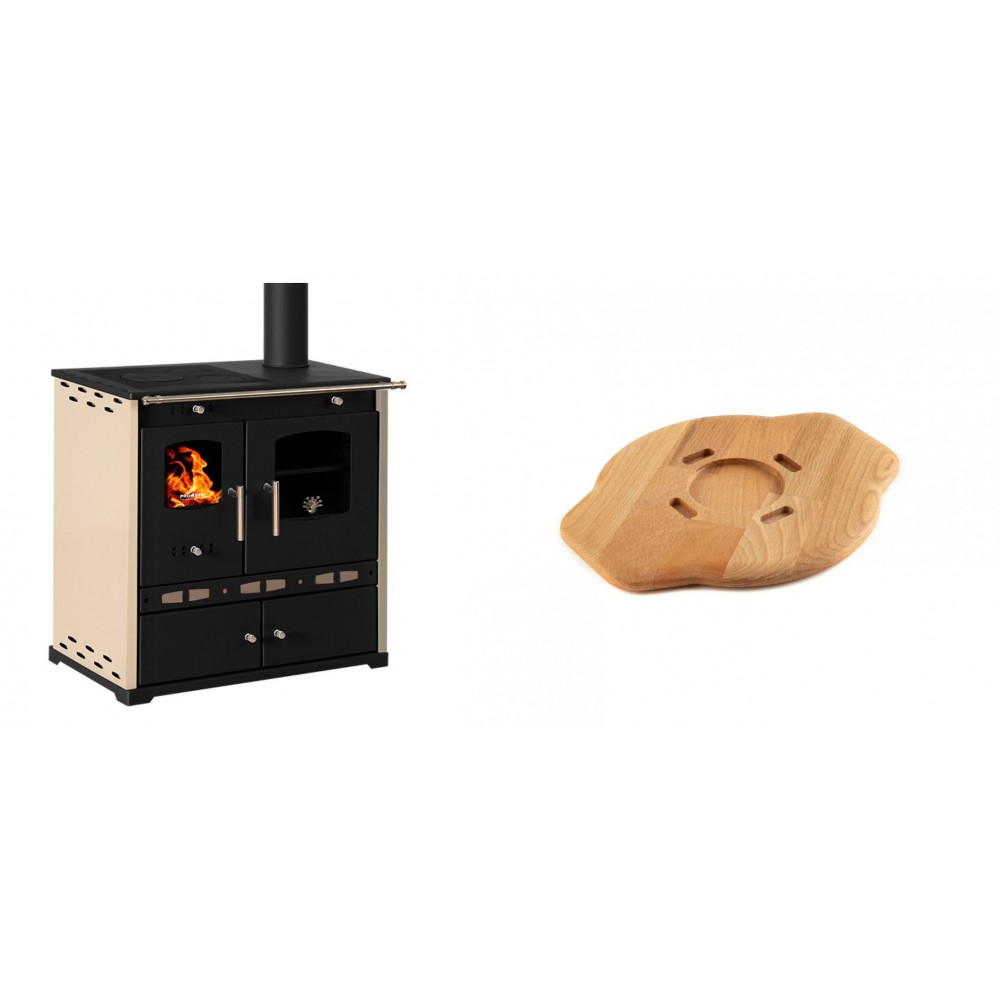 Set Küchenofen / Küchenhexe Prometey Perfect Eco Lux mit rechtem Abzug, Elfenbein, 7.1kW + Holz untersetzer für gusseisenplatte Solagio HSYSAK20