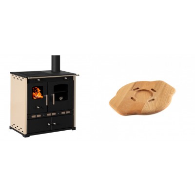 Set Küchenofen / Küchenhexe Prometey Perfect Eco Lux mit rechtem Abzug, Elfenbein, 7.1kW + Holz untersetzer für gusseisenplatte Solagio HSYSAK20 - Prometey