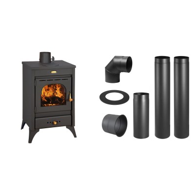Set Kaminofen, Holzofen Prity, Modell K1 R, Leistung 9.5 kW, Füße + Schornstein Bausatz PARKANEX, Stahl Ø130, Dicke 2mm - Prity