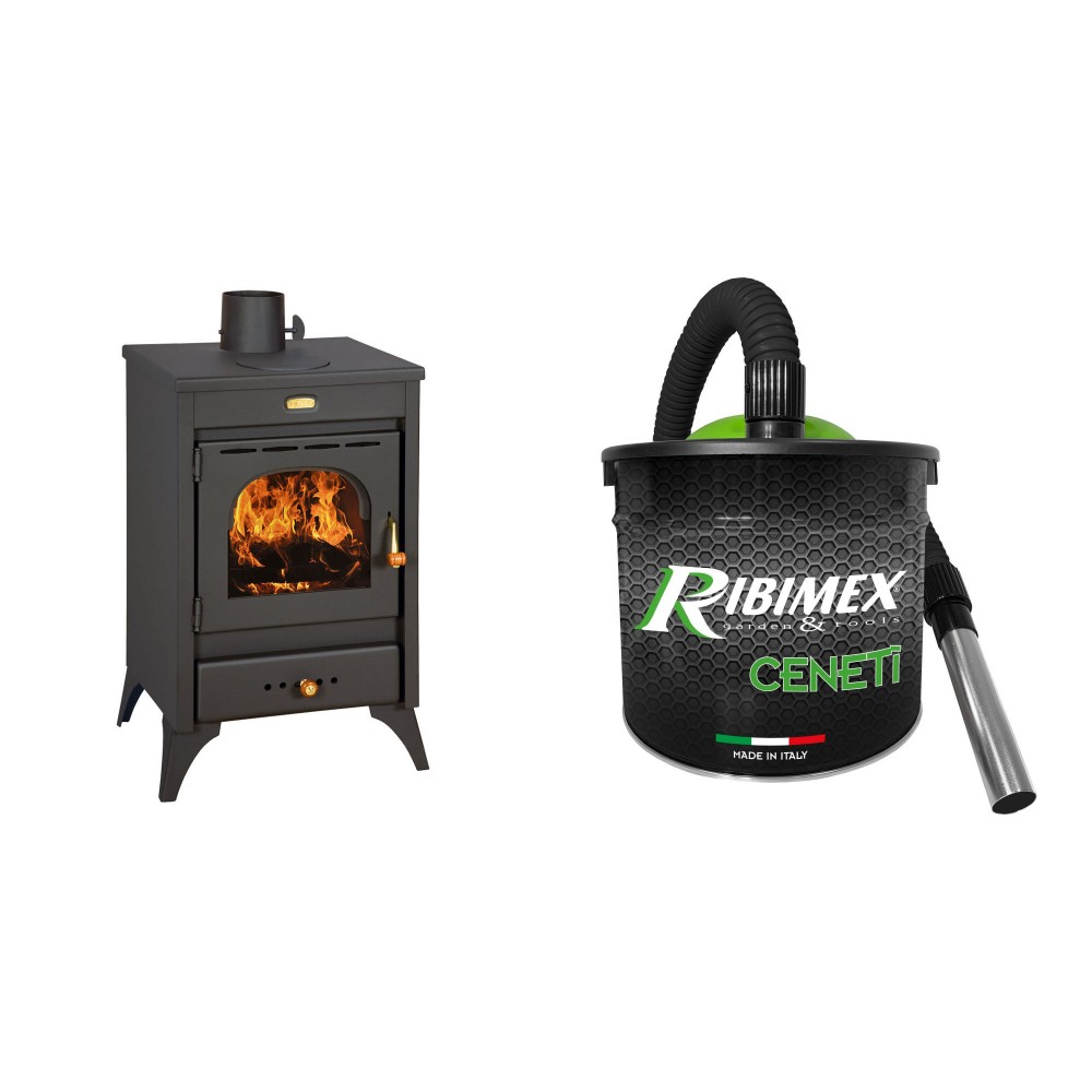 Set Kaminofen, Holzofen Prity, Modell K1 R, Leistung 9.5 kW, Füße + Elektrischer Aschesauger Ribimex, Modell Cenetì, Fassungsvermögen 15 L