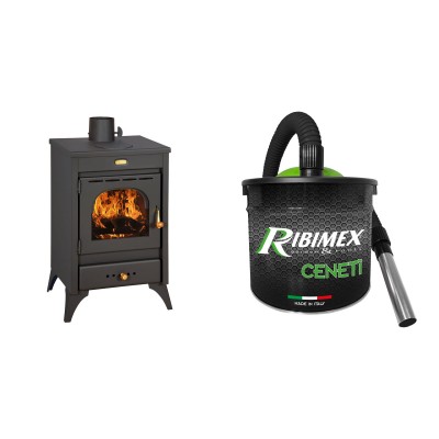 Set Kaminofen, Holzofen Prity, Modell K1 R, Leistung 9.5 kW, Füße + Elektrischer Aschesauger Ribimex, Modell Cenetì, Fassungsvermögen 15 L - Prity