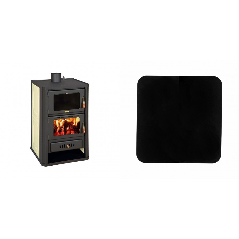 Set Kaminofen, Holzofen Wasserführend mit Backfach Prity, Modell FG W15, Leistung 19.8kW + Funkenschutzplatte Stahl 2mm, Größe 98x98cm