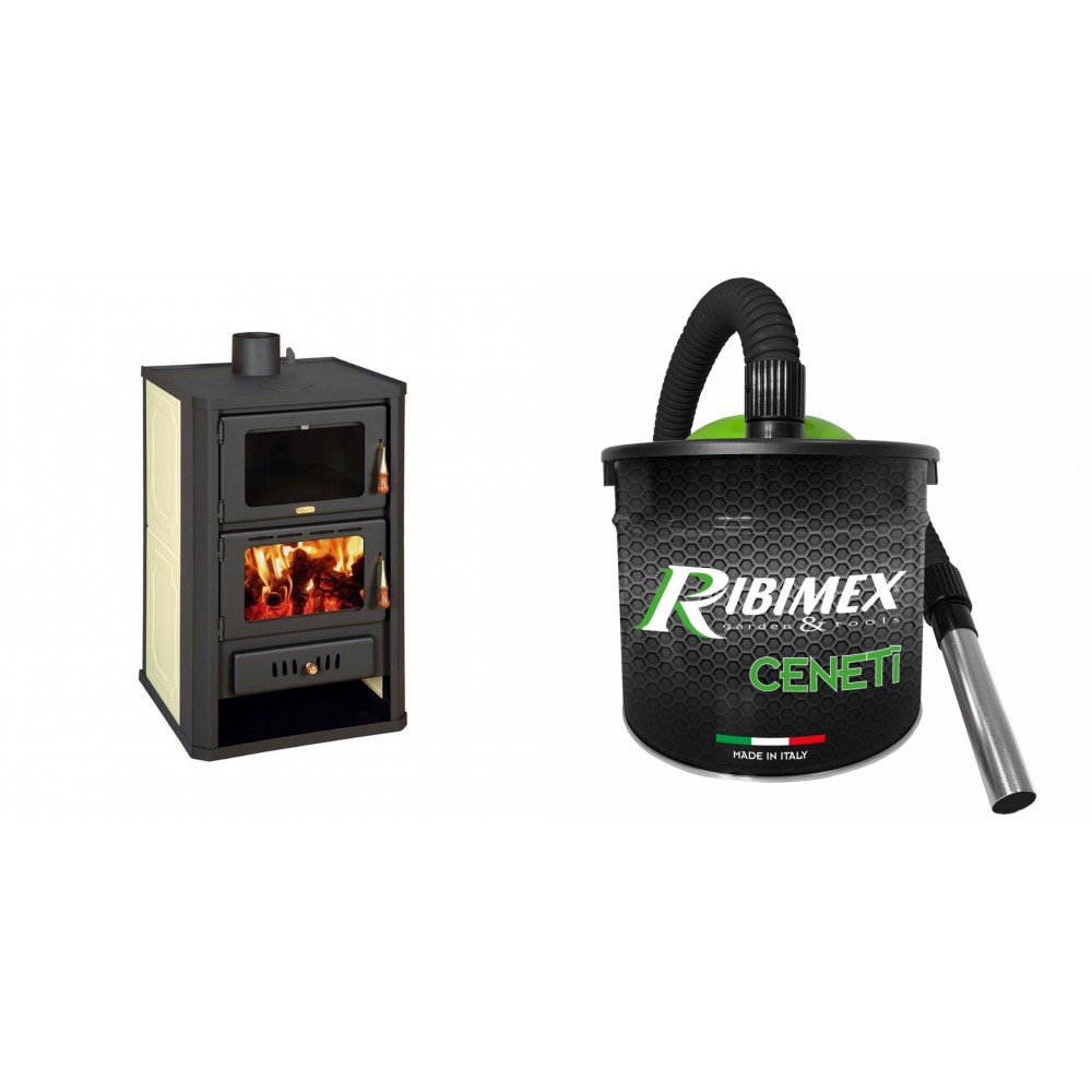 Set Kaminofen, Holzofen Wasserführend mit Backfach Prity, Modell FG W15, Leistung 19.8kW + Elektrischer Aschesauger Ribimex, Modell Cenetì, Fassungsvermögen 15 L
