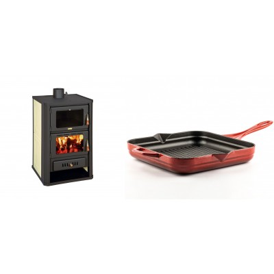 Set Kaminofen, Holzofen Wasserführend mit Backfach Prity, Modell FG W15, Leistung 19.8kW + Emaillierte grillpfanne Gusseisen Solagio, Rubin, 28x28cm - Produktvergleich