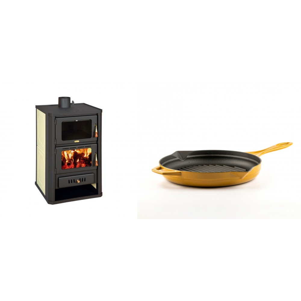 Set Kaminofen, Holzofen Wasserführend mit Backfach Prity, Modell FG W15, Leistung 19.8kW + Emaillierte grillpfanne Gusseisen Solagio, Dijon, Ф24cm