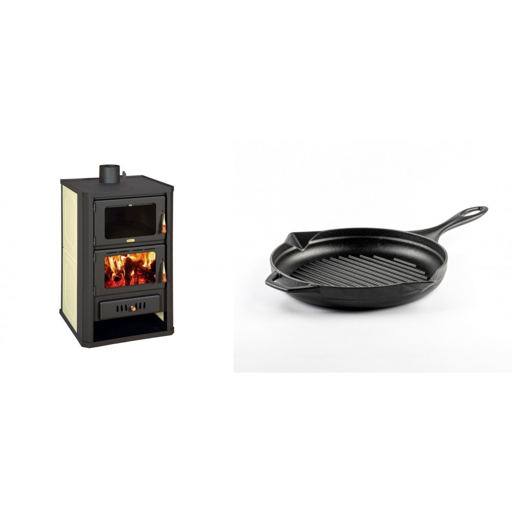 Set Kaminofen, Holzofen Wasserführend mit Backfach Prity, Modell FG W15, Leistung 19.8kW + Emaillierte grillpfanne Gusseisen Solagio, Black Onyx, Ф24cm