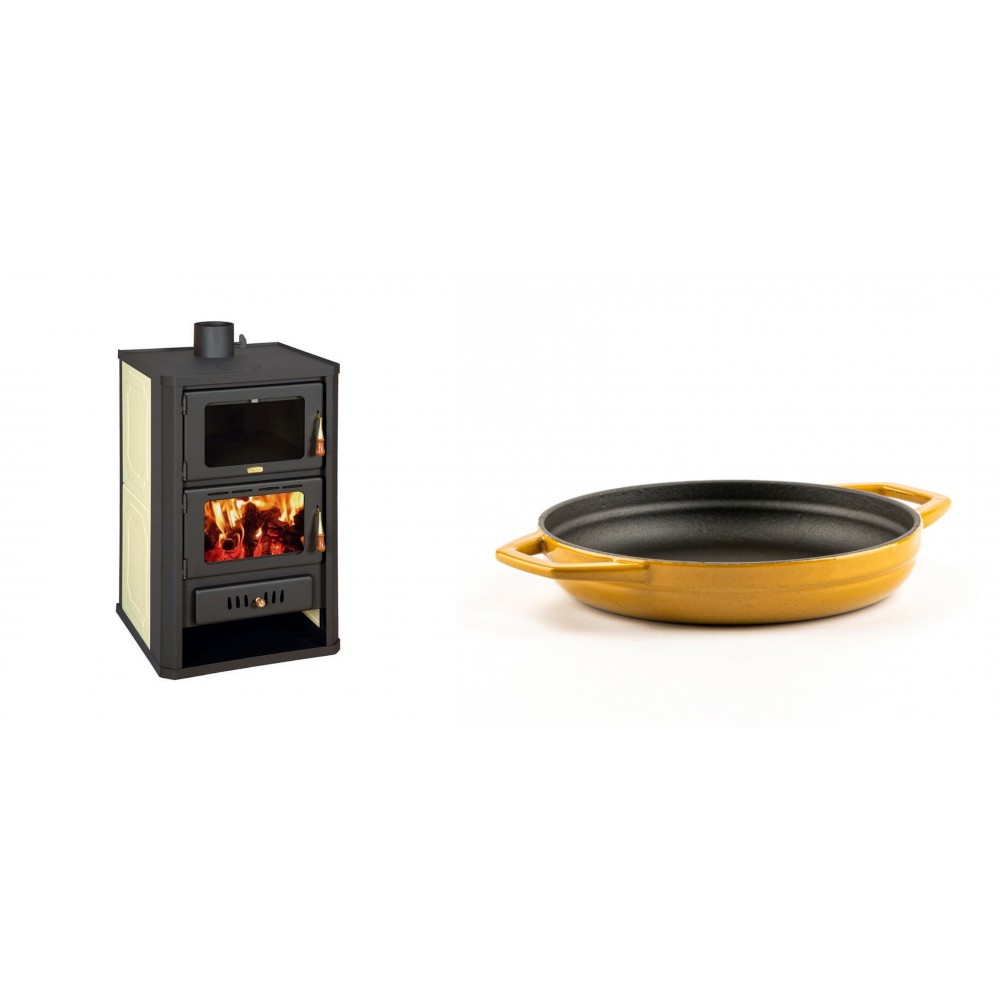 Set Kaminofen, Holzofen Wasserführend mit Backfach Prity, Modell FG W15, Leistung 19.8kW + Emaillierte gusseisenpfanne mit zwei Griffen Solagio, Dijon, Ф19cm | Wasserführender Kaminofen | Kaminofen |