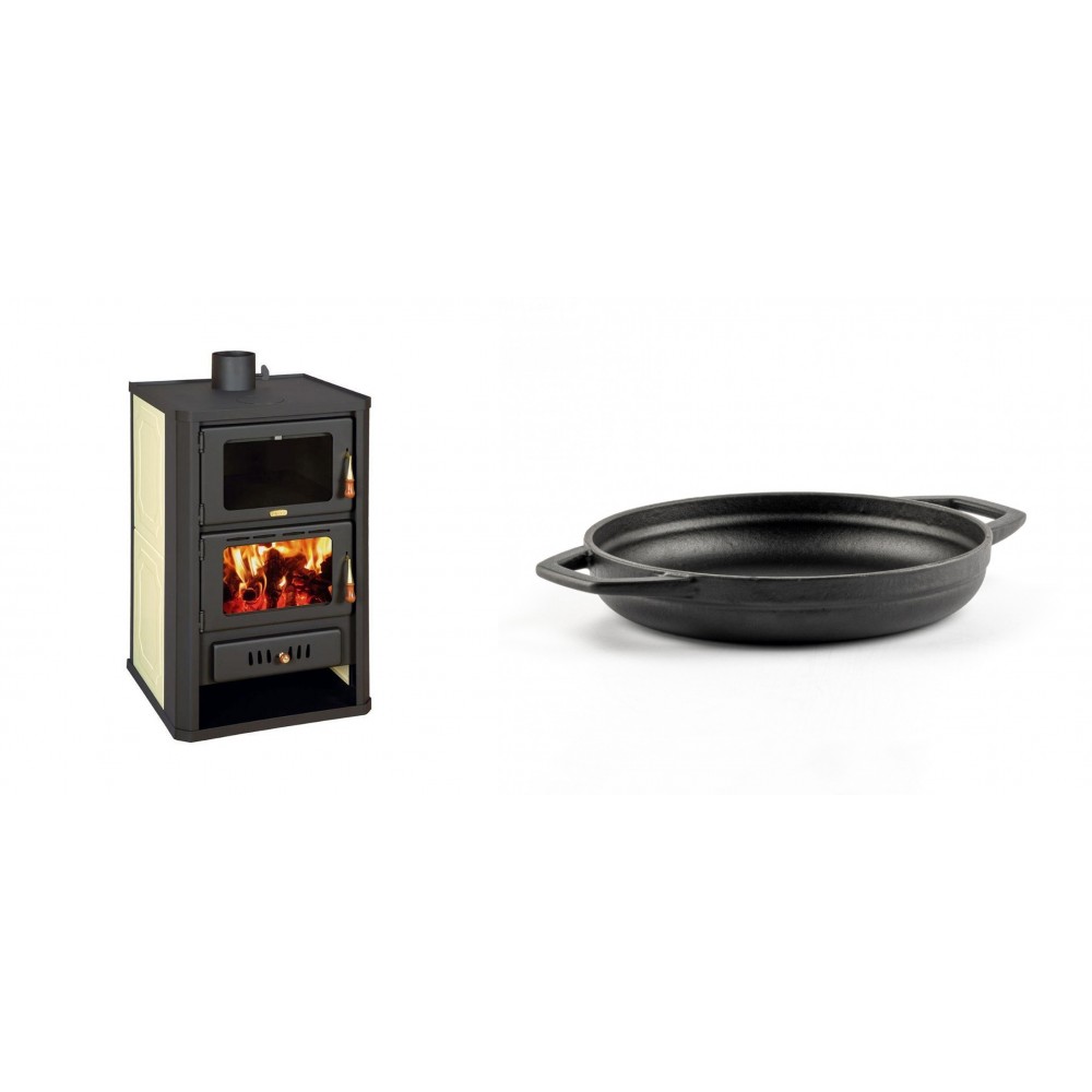 Set Kaminofen, Holzofen Wasserführend mit Backfach Prity, Modell FG W15, Leistung 19.8kW + Emaillierte gusseisenpfanne mit zwei Griffen Solagio, Black Onyx, Ф19cm