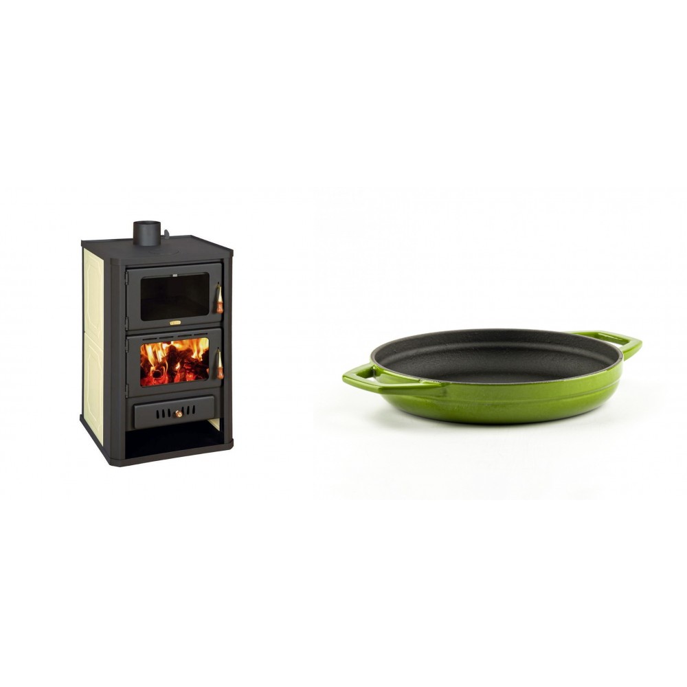 Set Kaminofen, Holzofen Wasserführend mit Backfach Prity, Modell FG W15, Leistung 19.8kW + Emaillierte gusseisenpfanne mit zwei Griffen Solagio, Bamboo, Ф19cm | Wasserführender Kaminofen | Kaminofen |